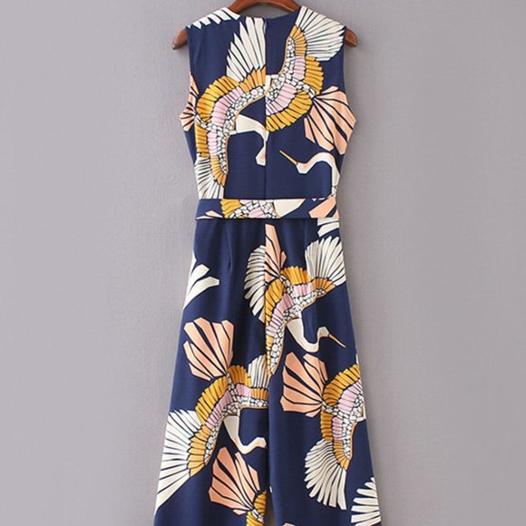New Cranes Print Belted Wide Leg Jumpsuit Blue - Picture 5 of 10
